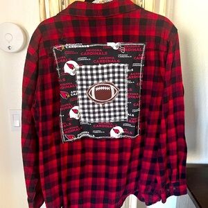 Large red and black flannel button down shirt with cardinals football